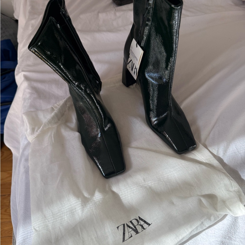 Zara Black Patent Leather Square-Toe Heeled Boots